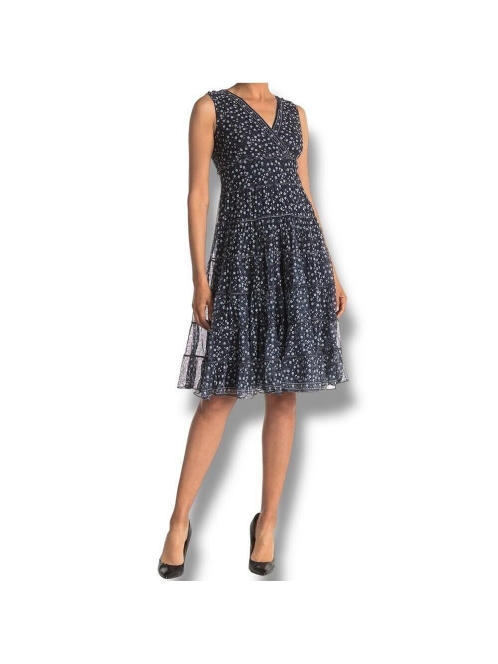 Max Studio V-Neck Sleeveless Mesh Tiered Midi Dress navy blue floral Size Small